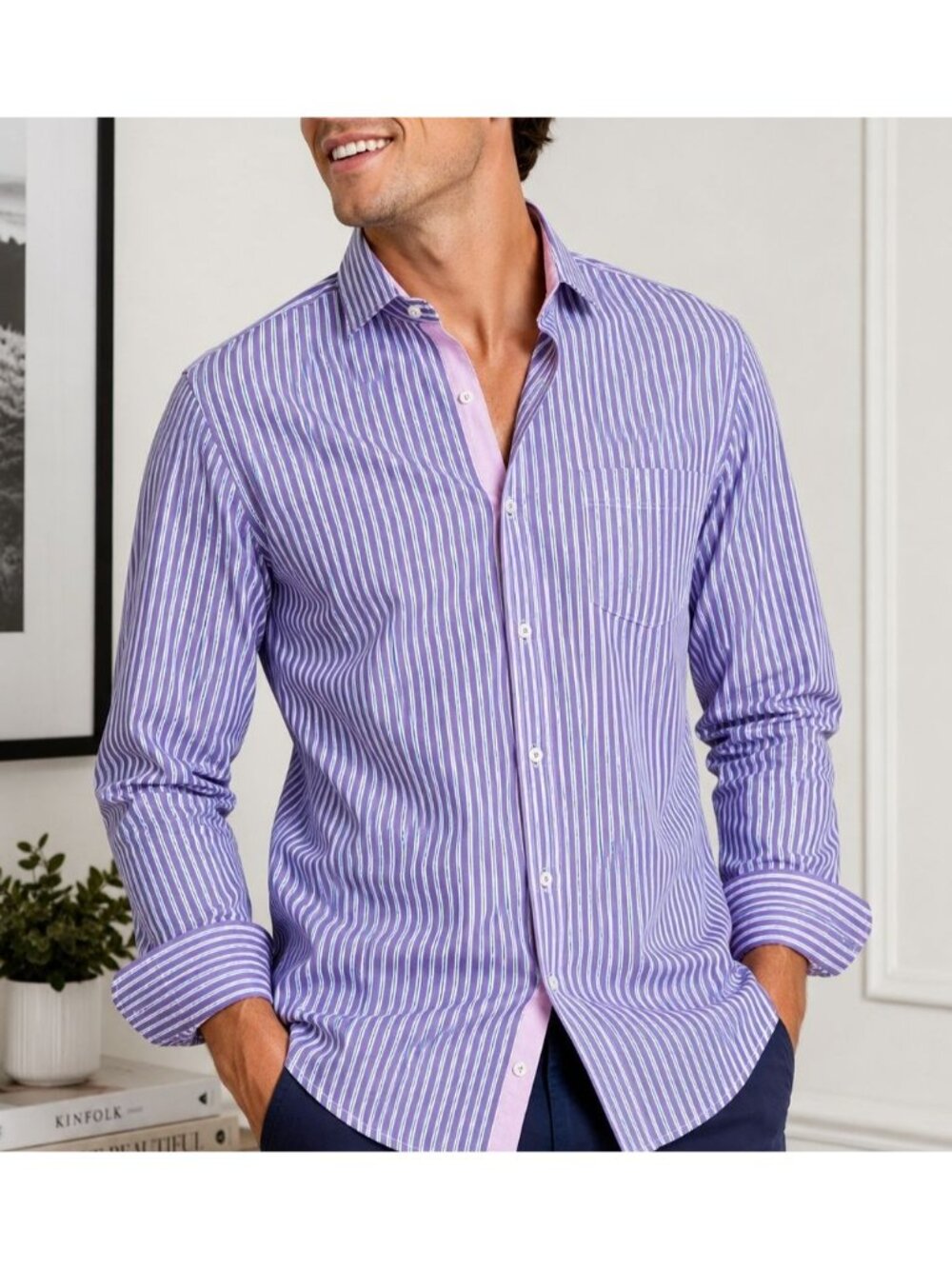 Alex Cannon Purple Stripe Men's Button-Up Shirt Pink Contrast Trim Preppy Casual